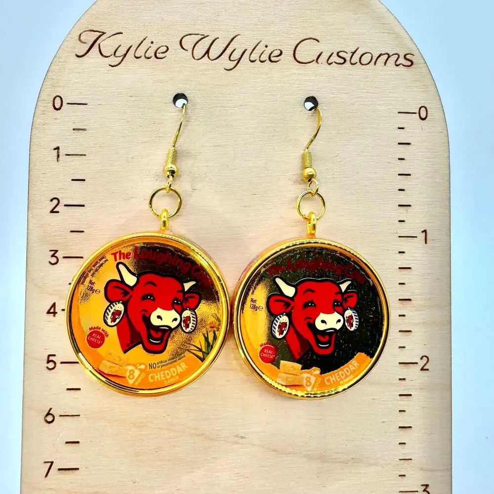 Gold Laughing Cow Earrings - Metallic Cheese Dangles - Playful Foodcore Style